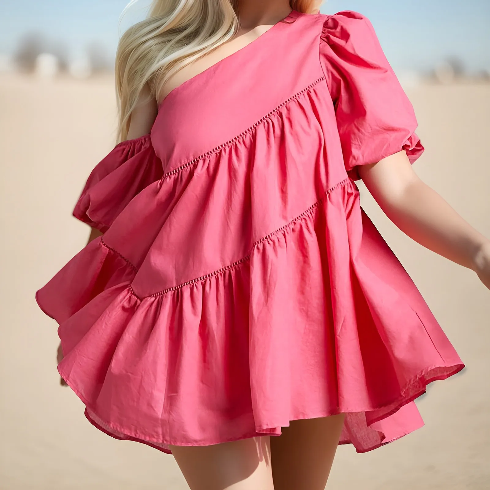 Женский Осенний свободный сарафан на одно плечо асимметричное платье с пышными