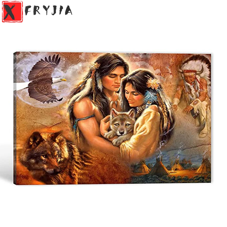 

Diamond Embroidery Retro Indian Couple And Wolf Full Square round Diamond Mosaic Rhinestones Painting Cross Stitch Wall Decor