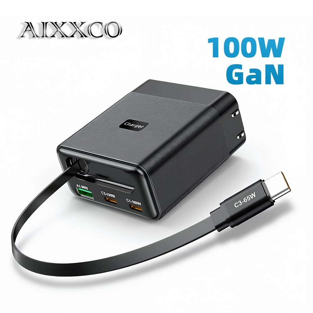 Фото AIXXCO GaN 100W 3-портовое зарядное устройство USB-C PD QC3.0 с кабелем 65W, адаптер для быстрой зарядки с вилкой EU/US, дорожный адаптер для iPhone 17 16 №1