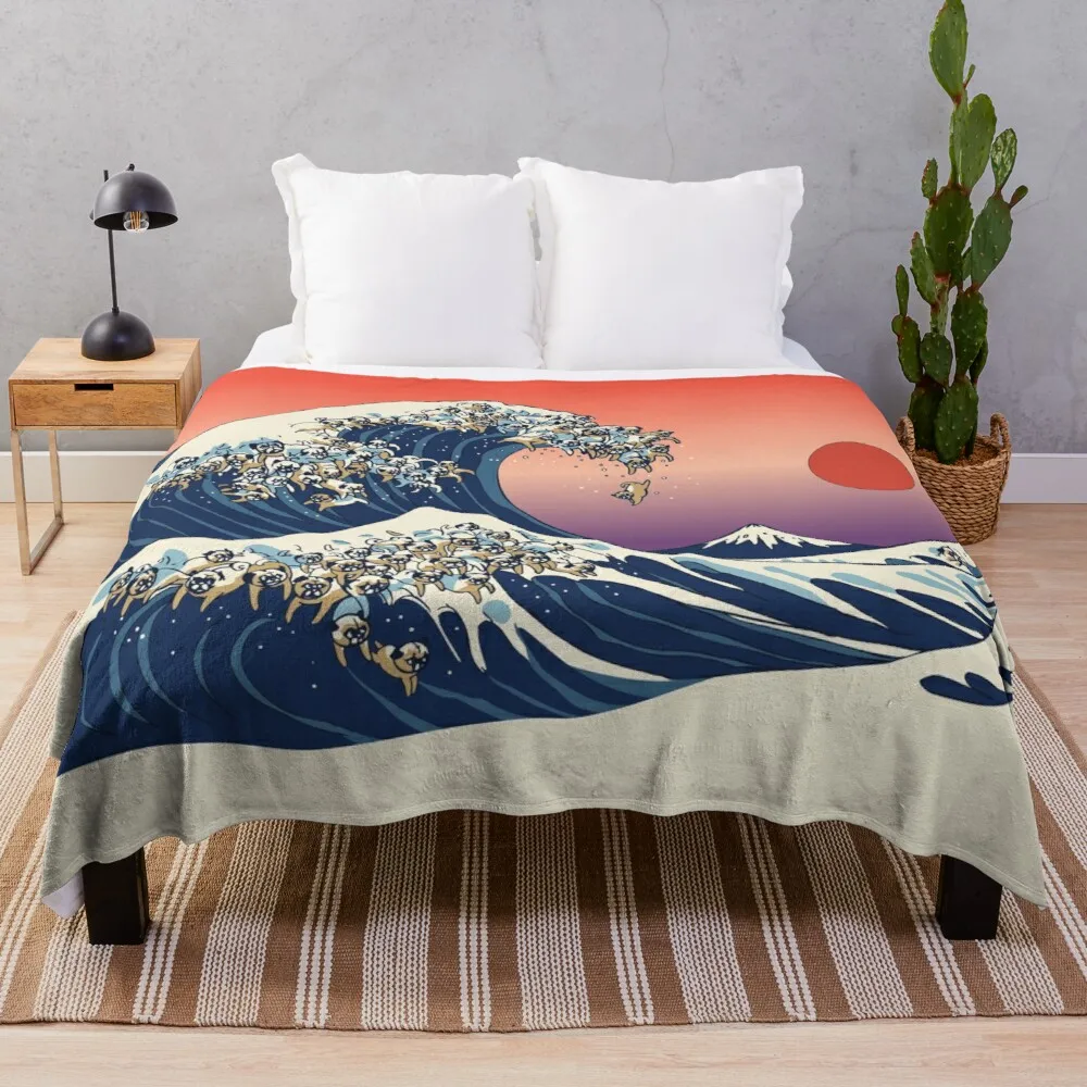

Polyester Blanket Kawaii Blanket High Quality Super Thick Warm Barefoot Blanket The Great Wave Of Pug Throw Blankets