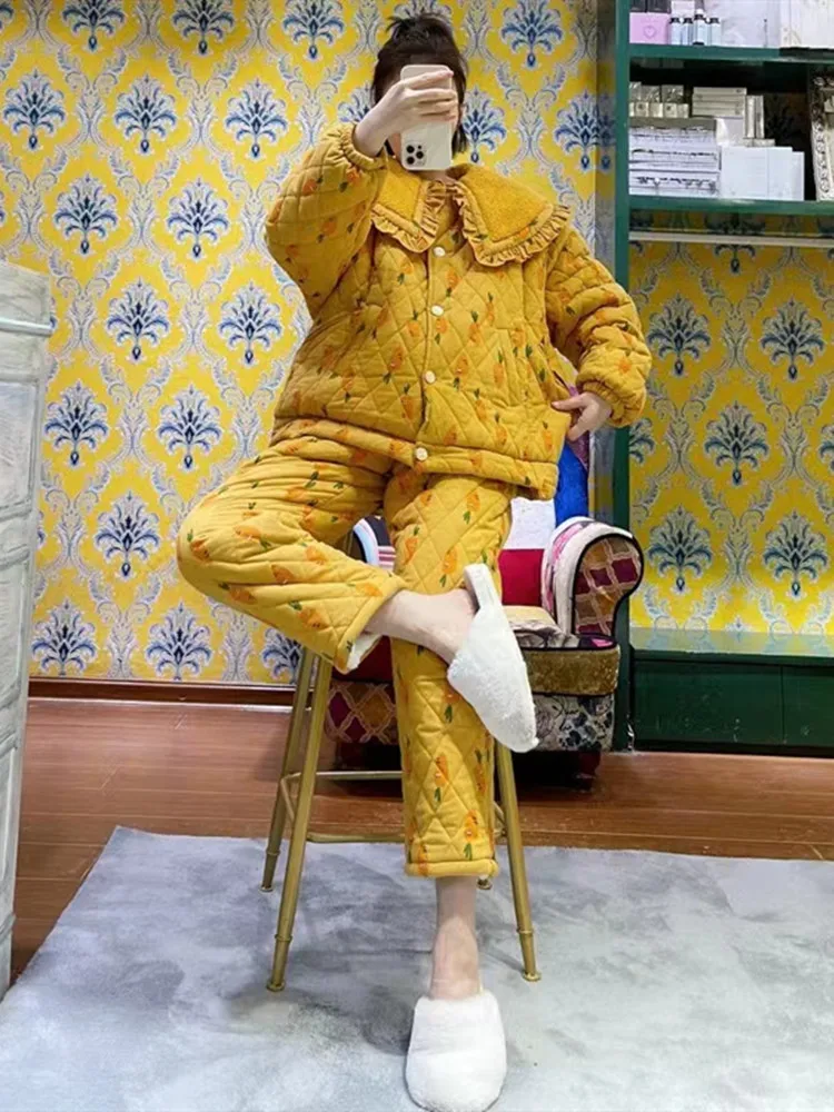 Зимние женские пижамы розового винограда с принтом свободные трехслойные