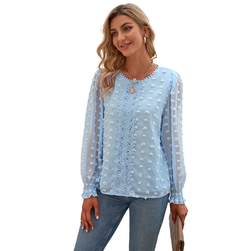 

Elegant Women Chiffon Blouse Shirts Solid Dot Decorative Loose Lantern Long Sleeve