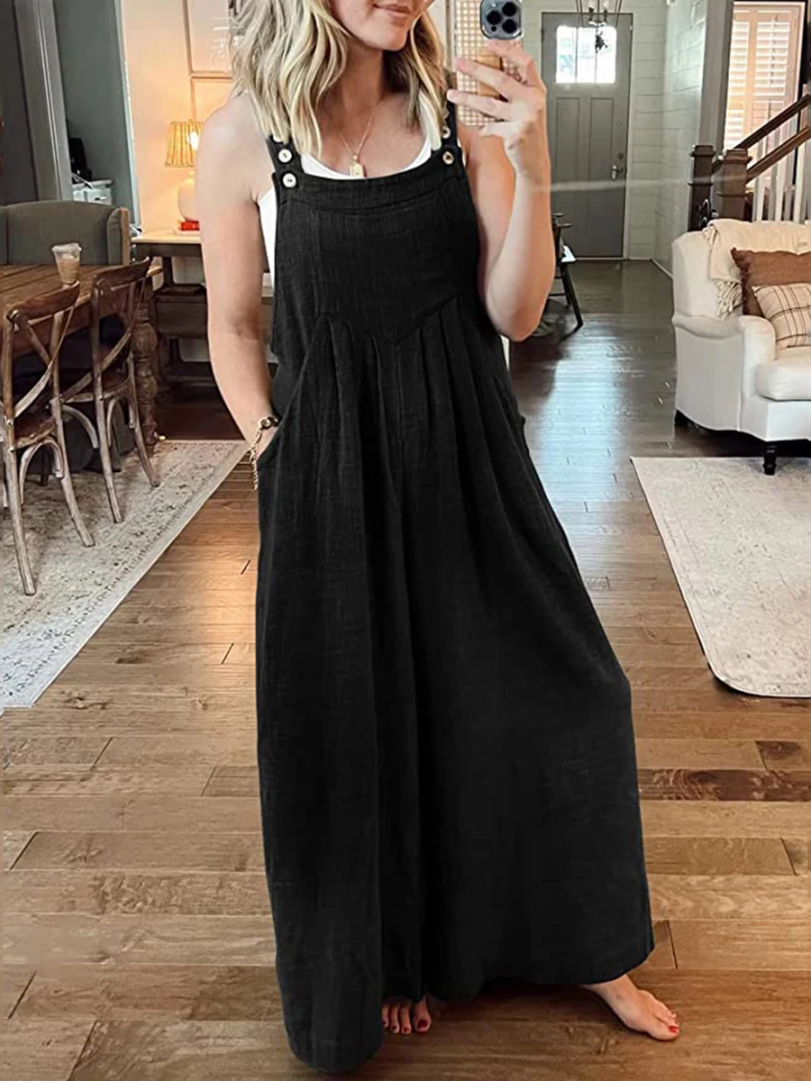 

Women s Summer Boho Loose Dungarees with Wide Leg Jumpsuit Sleeveless Strappy Bib Overalls and Pocket Playsuits for Beachwear