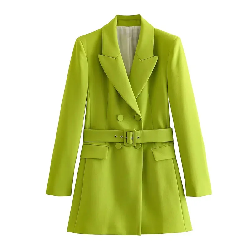 

Solid Color Casual Female Suit Jacket With Waist Belt Double-breasted Notched Collar Spring Women Blazers Coat Jaqueta Feminina