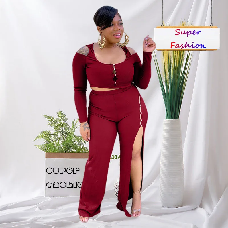 

L-4XL Fall Plus Size Two Piece Sets Women Outfits 2022 Long Sleeve Pit Stripe Off-the-shoulder Top and Spit Pant Female Suits