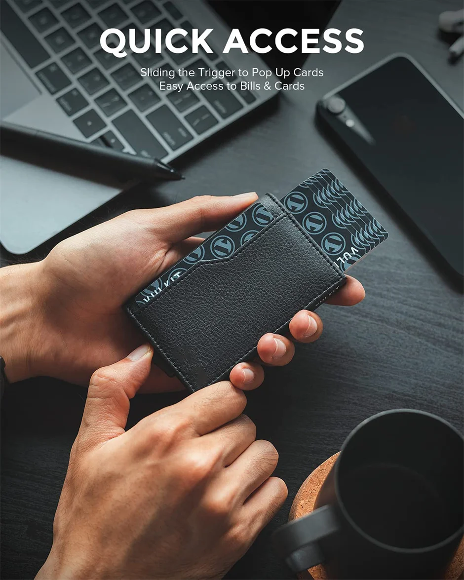 Credit Card Case with Double ID Window Genuine Leather RFID Blocking Automatic Leather Pop Up Wallet for Cards Notes Men Slim