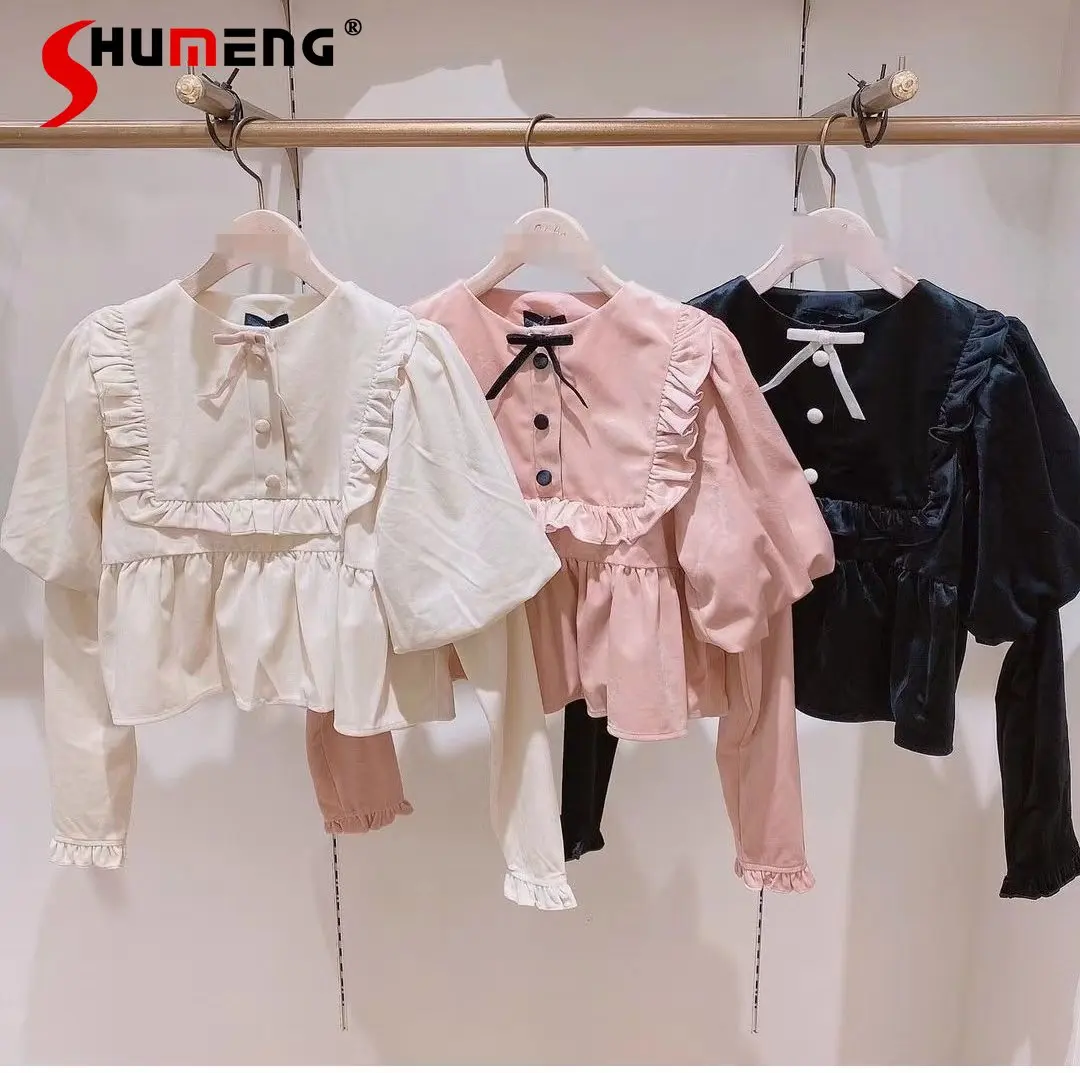 Women's Advanced Court Vintage Velvet Puff Sleeve Shirt 2023 Spring and Autumn New Sweet Long Sleeve Ruffles Tops and Blouses