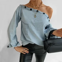 2021 long sleeve denim shirt casual women buttons off shoulder blouse streetwear female pocket loose jean tops camisas de mujer