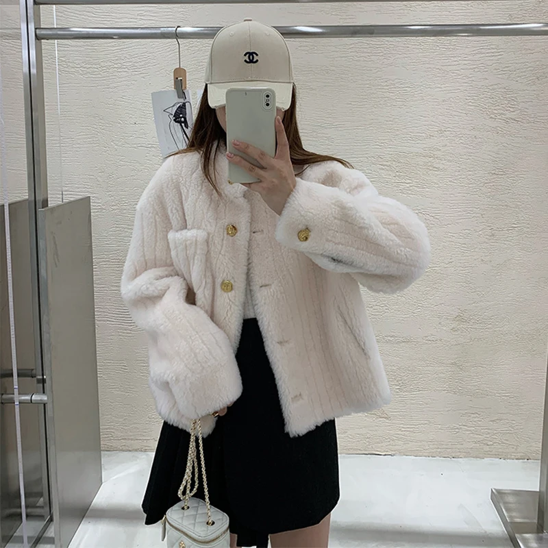 Woman Winter Short Jacket Girl's Real Fur Coat Natural Lamb Wool Thick Stand-up Collar Warm Pocket Streetwear Fashion Outerwear