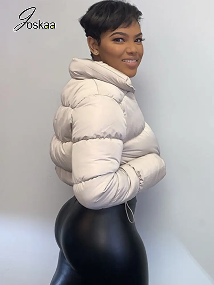 Joskaa Solid Color Stand Collar Long Sleeve Winter Jacket Women Casual Zip Up Drawstring Parkas 2022 Female Slim Coat Streetwear