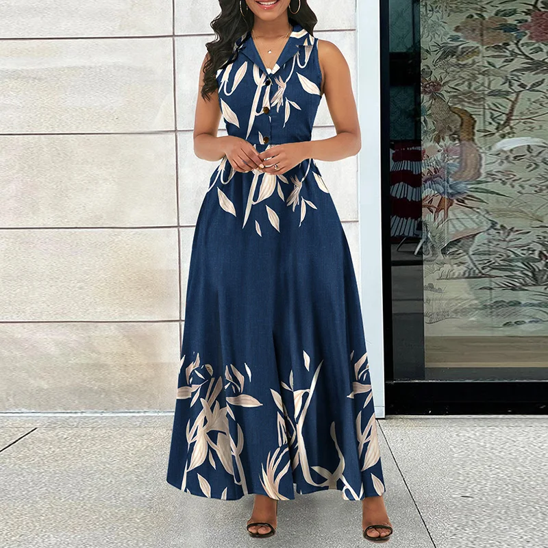 

New Sexy Leaves Print Sleeveless Long Dress Elegant Casual Lapel Pleated Long Dress Summer V Neck Button High Waist Office Dress