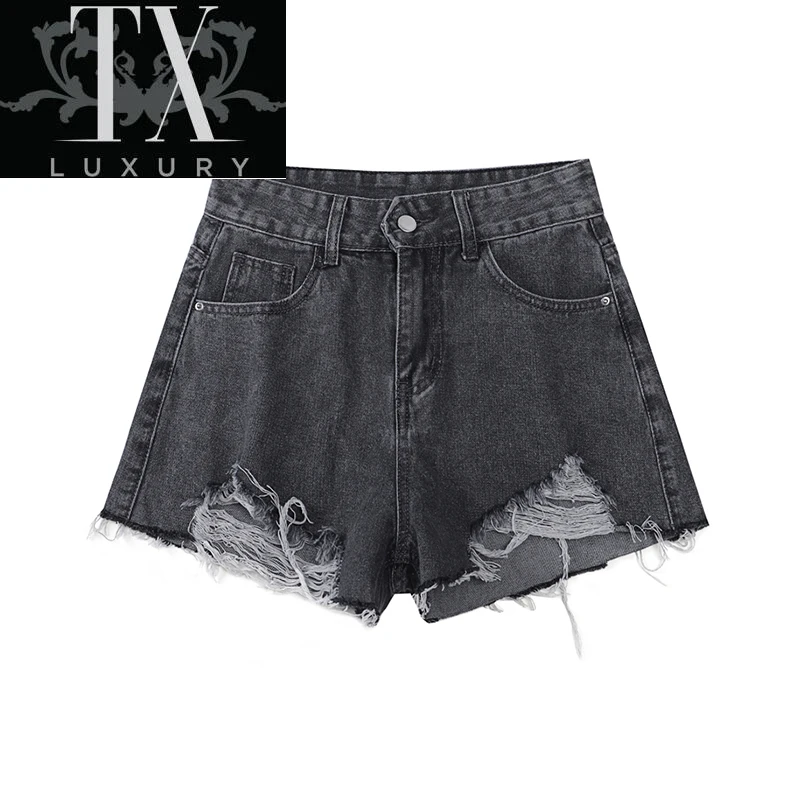 

Streetwear Y2k Ripped High Waist A Line Hot Women Summer Sexy Ripping Raw Edge Mini Denim Shorts Female