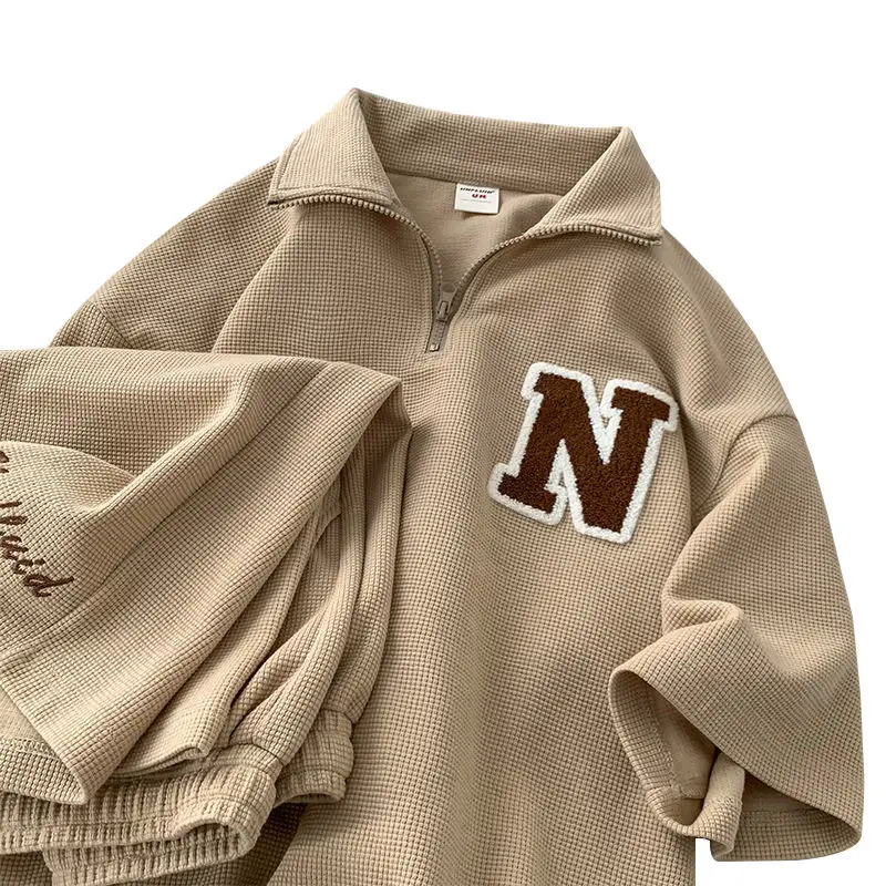 Plus Size Waffle Short-Sleeved T-shirt Two-Piece Women's Summer Plump Girls Loose Shorts Sports and Leisure Suit