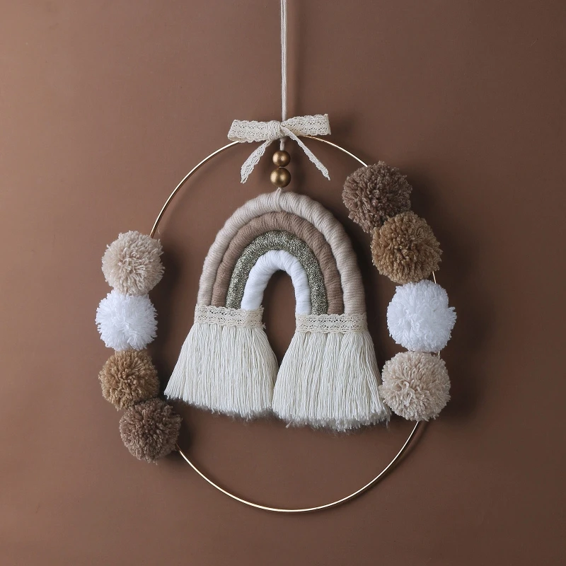 

Nordic Rainbow Hanging Ornament DIY Round Metal Wall Decor Handmade Woven Tapestry Nursery Baby Girls Bedroom Home Decoration