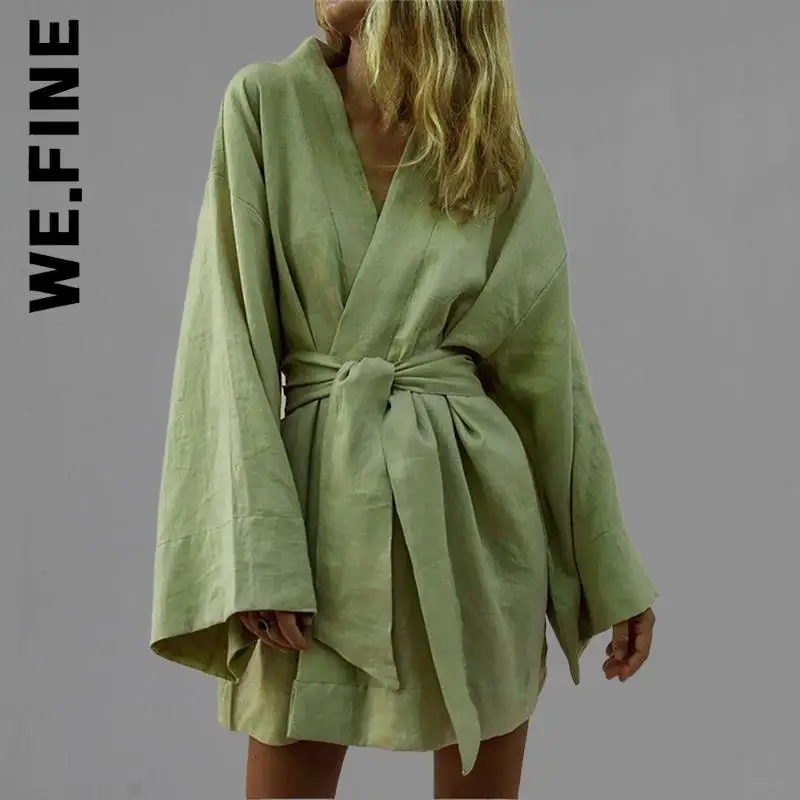 

We.Fine Women New Dress Slim Robe V-Neck Kimono Cardigan Mini Dress Soft Club Outfits Simple Leisure Vestidos Female Clothing
