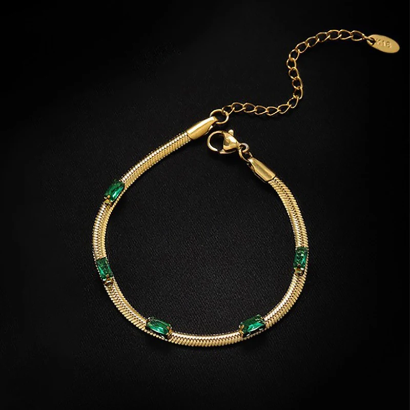 Женский браслет Foxanry с зелеными фианитами золотистого цвета