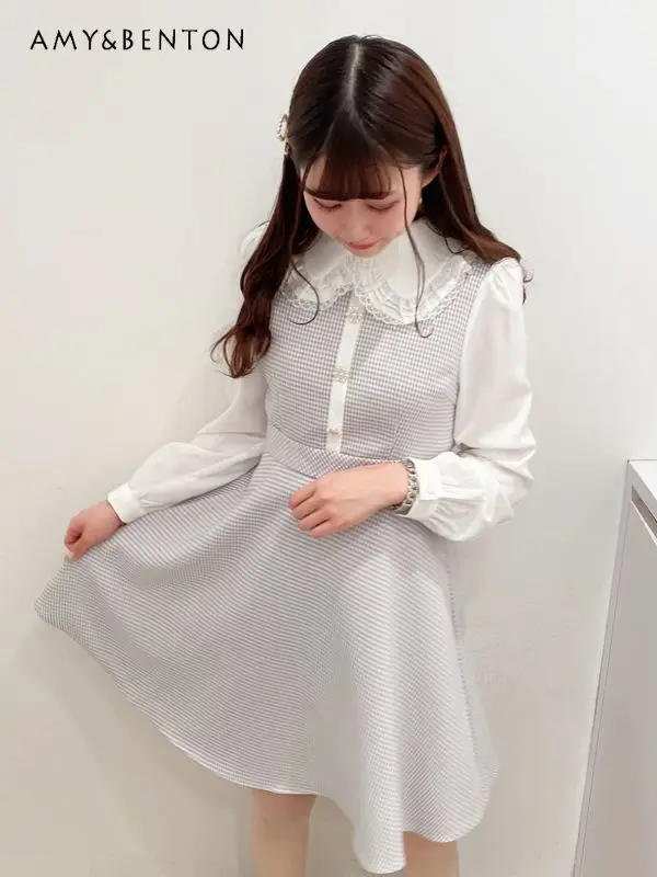 

Spring Autumn Lace Peter Pan Collar Drill Buckle Dress Japanese High Waist Long Sleeve Temperament Short Dress for Women