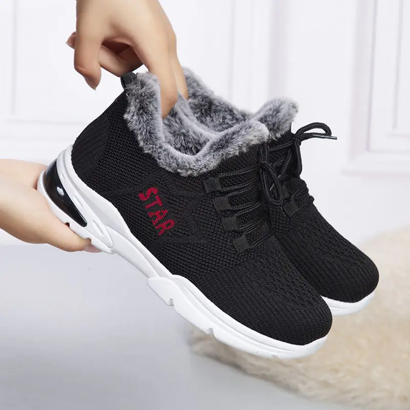 

Зимние ботинки для женщин 2023, объемные теплые вулканизированные женские вязаные тканевые Повседневные Плюшевые кроссовки для бега