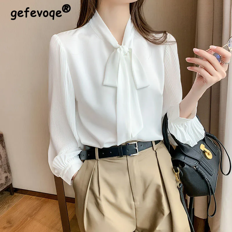 Female Lace Chiffon Bow White Shirts Women's Clothing 2022 Spring Office Lady Long Sleeve Pullovers Vintage Elegant Blouse 3XL