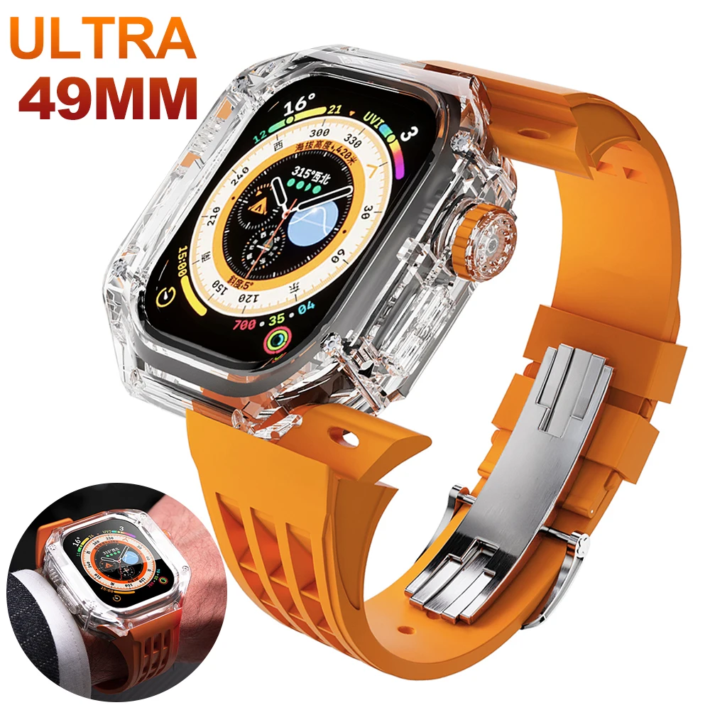 

Роскошный модифицированный комплект для часов Apple Watch Ultra 49 мм прозрачная рамка ремешок для флюоруберов серии iWatch ультра силиконовый ремешок