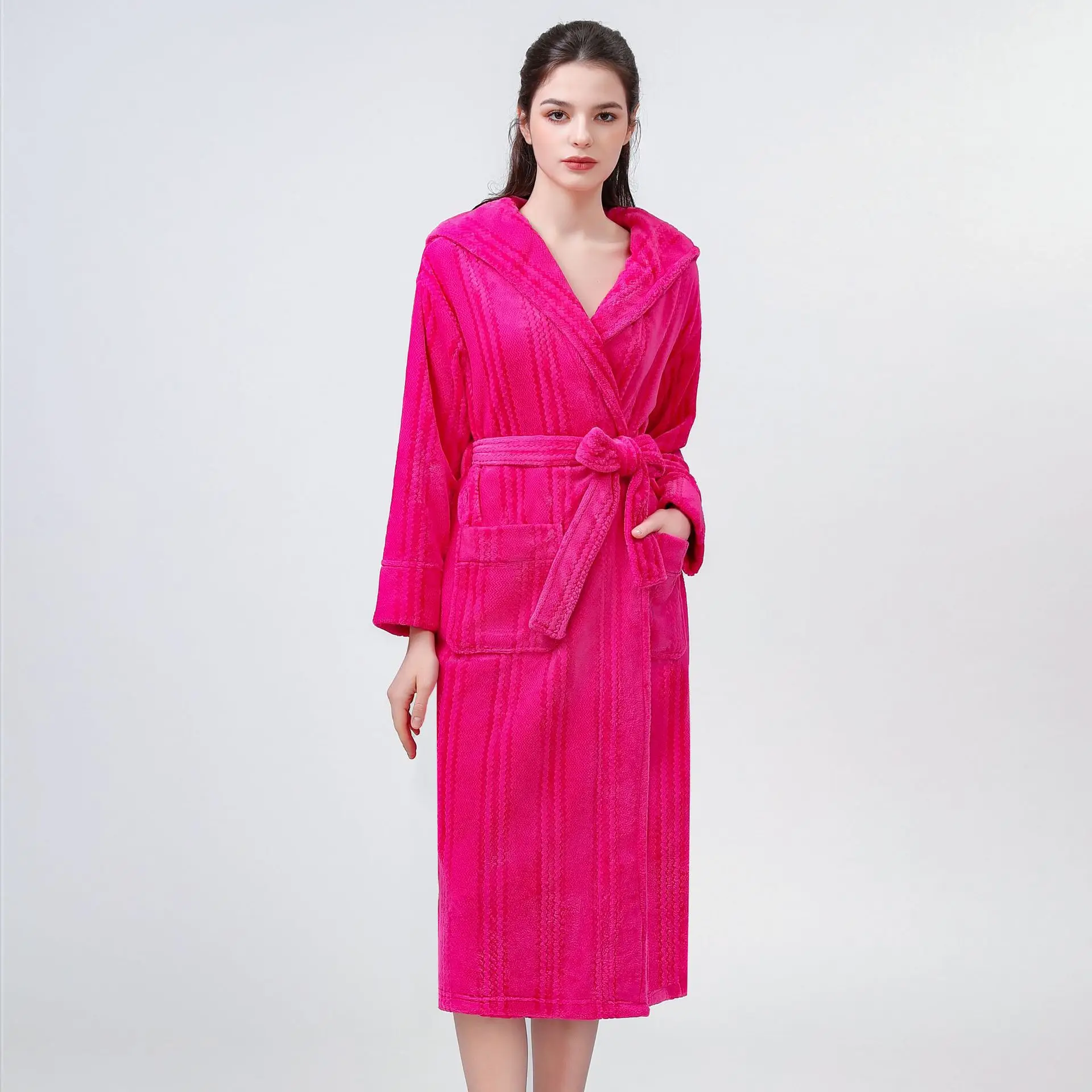 Фланелевый женский халат с капюшоном одежда для сна зимнее утепленное теплое