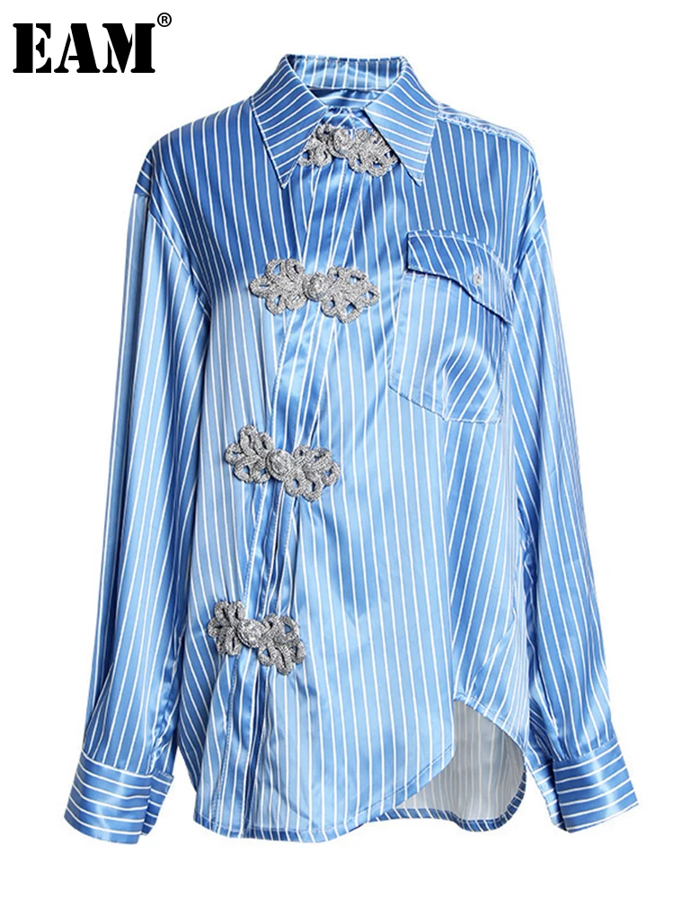 

[EAM] Women Blue Oblique Button Big Size Blouse New Lapel Long Sleeve Loose Fit Shirt Fashion Tide Spring Autumn 2022 JT2030