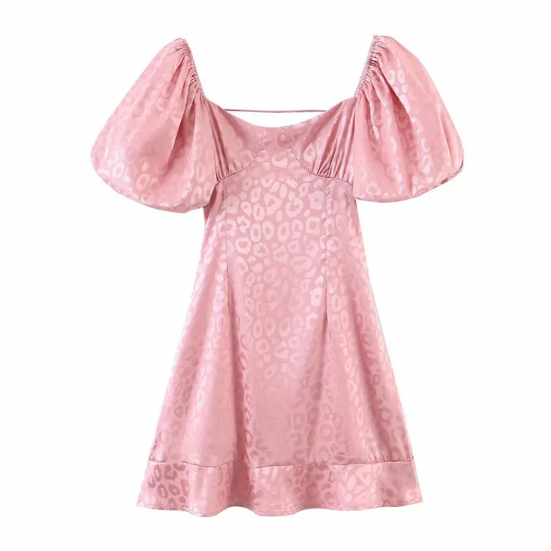 

Женское атласное мини-платье с открытой спиной, розовое винтажное платье в стиле бохо с рукавами-фонариками и леопардовым принтом, лето 2021