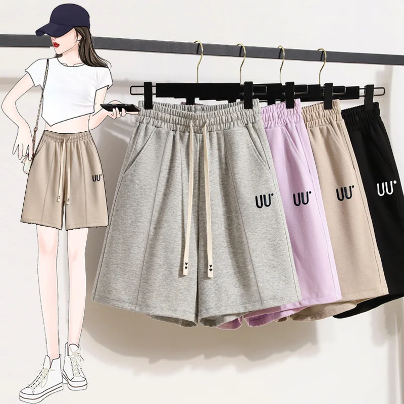 Womens Baggy Sweatshorts 2023 Elastic Drawstring Casual Sports Shorts Embroidery Letter Ladies Bottoms Black Grey Purple Khaki