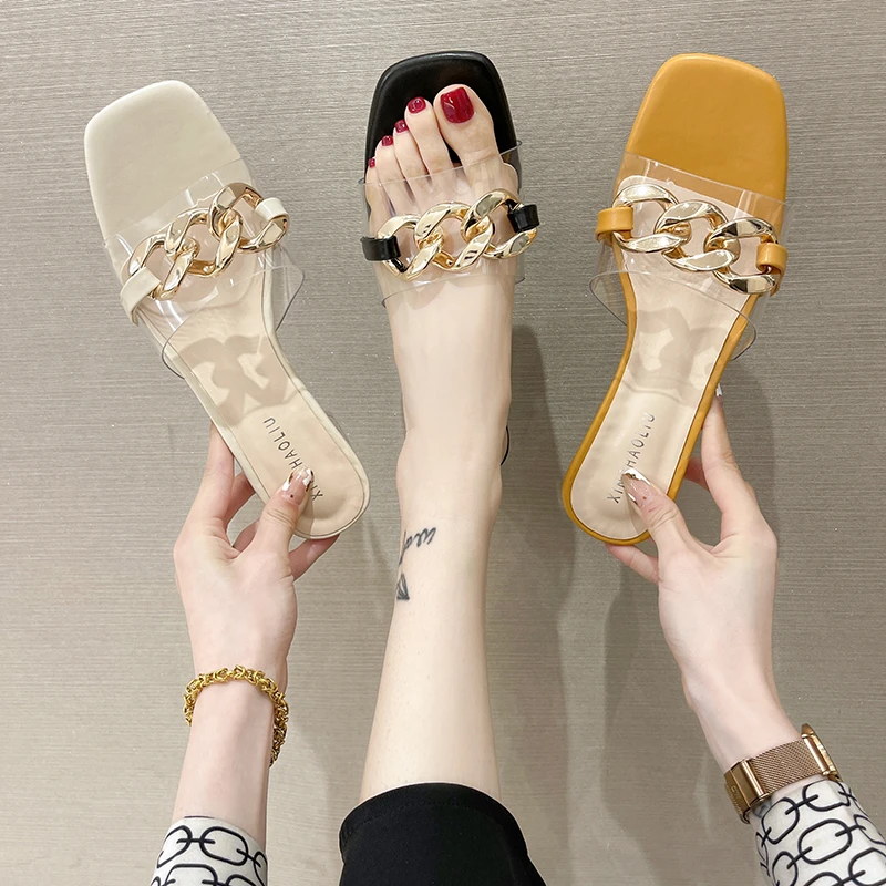 

Fashion PVC Women Shoes Summer Square Heel Gold Chain Peep Toe Slippers Shallow Ytmtloy Zapatillas Casa Mujer Sapatos Femininos