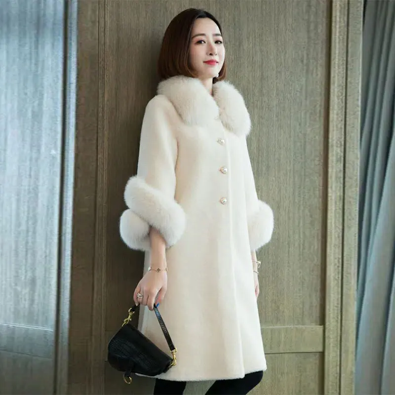 2023 Autumn Winter Faux Fur Coat Women Imitation Sheep Shear Mid-Length Big Hair Collar Loose Warm Particles Fluffy Coats Female