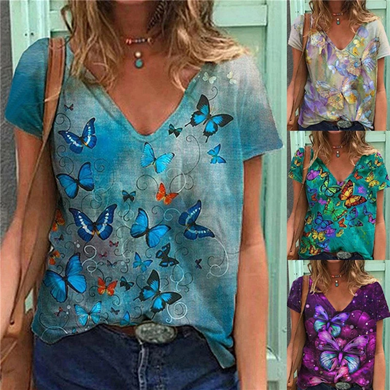 

Summer Tshirt Butterfly Print Casual Top Female Clothes Streetwear Aesthetic Vintage Shirt Short Sleeve Graphic Tee