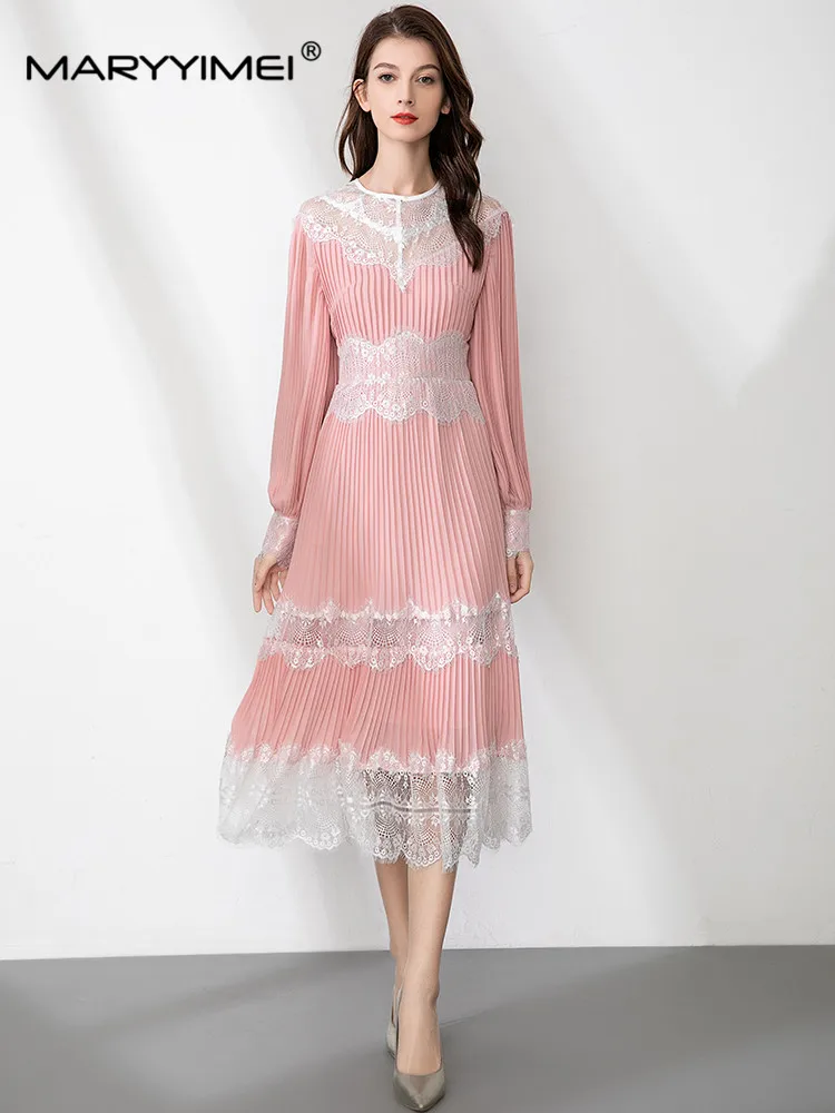 

Модное дизайнерское весеннее женское платье MARYYIMEI, кружевные лоскутные облегающие элегантные плиссированные платья с длинными рукавами