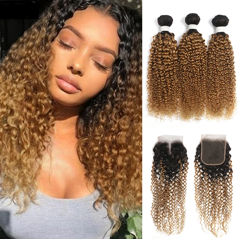 

Kinky Curly Human Hair Bundles With 4x4 Lace Closure 1B/27 Ombre Blonde 3/4 Bundles Curly Weaves SOKU Brazilian Non-Remy Hair