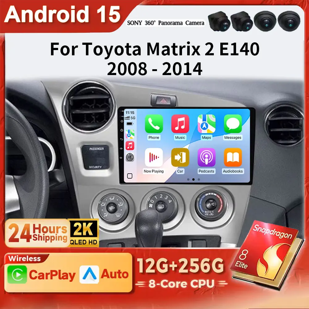 Фото Автомагнитола Android 15 для Toyota Matrix 2 E140 2008-2014 с беспроводным CarPlay, GPS, IPS, RDS, FM, WiFi, BT №1