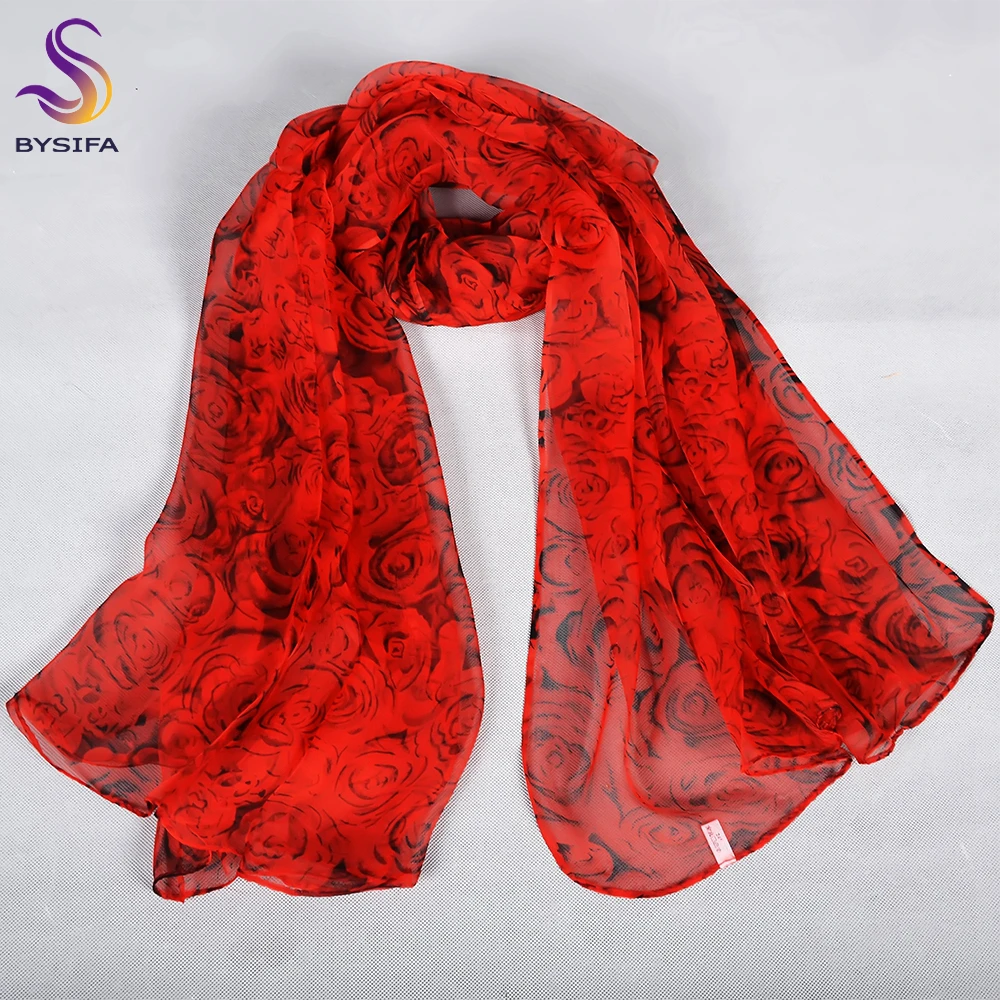 

BYSIFA| Fashion Red Roses Silk Scarf Shawl Printed Women Fall Winter Long Scarves Hijabs Foulard Summer Beach Shawl Scarf Cape