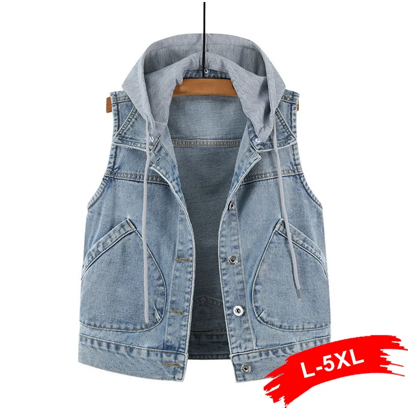 

Women Aesthetic Hooded Back Letters Embroidery Sleeveless Denim Vest XXL Korean Hoody All-match Jeans Short Outwear Jackets