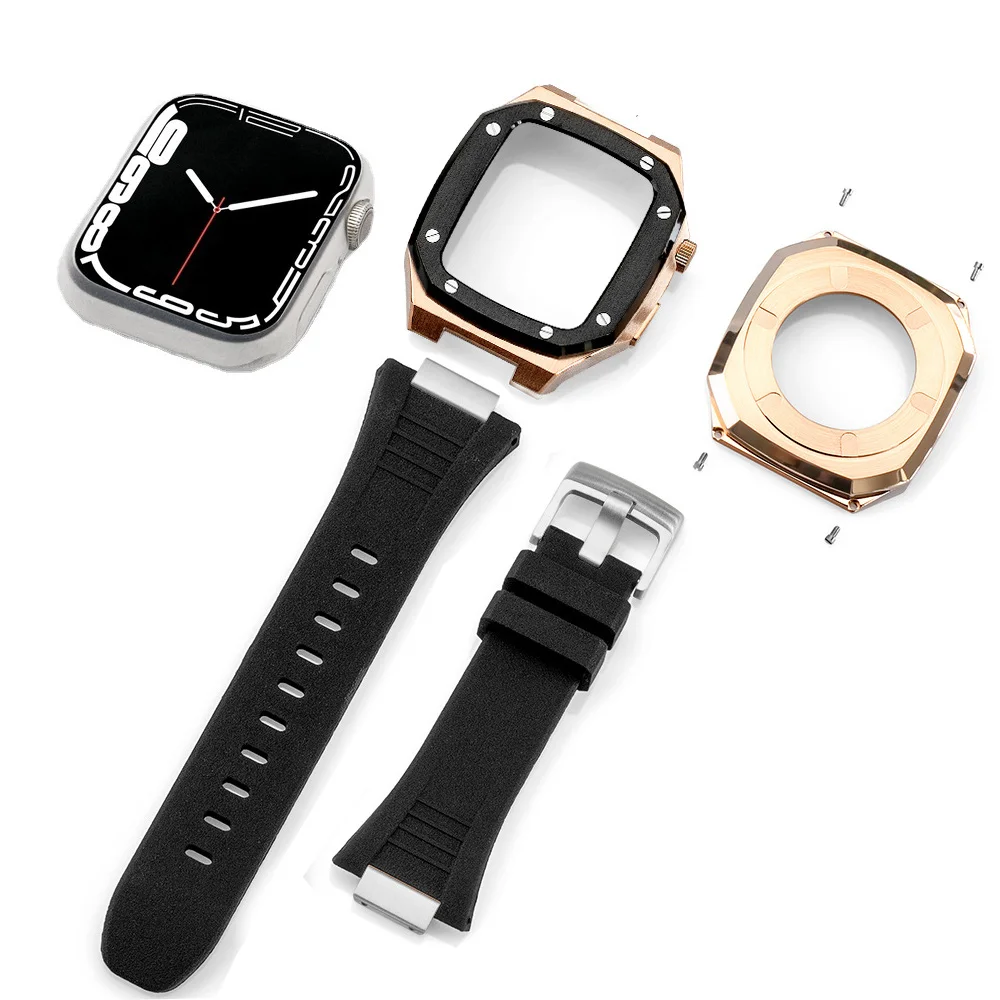 Apple Classic Rose Gold Watch Case, Apple Watch 41mm 44mm 45 mm 7/8/SE Generation Modified Stainless Steel Protective Case Strap