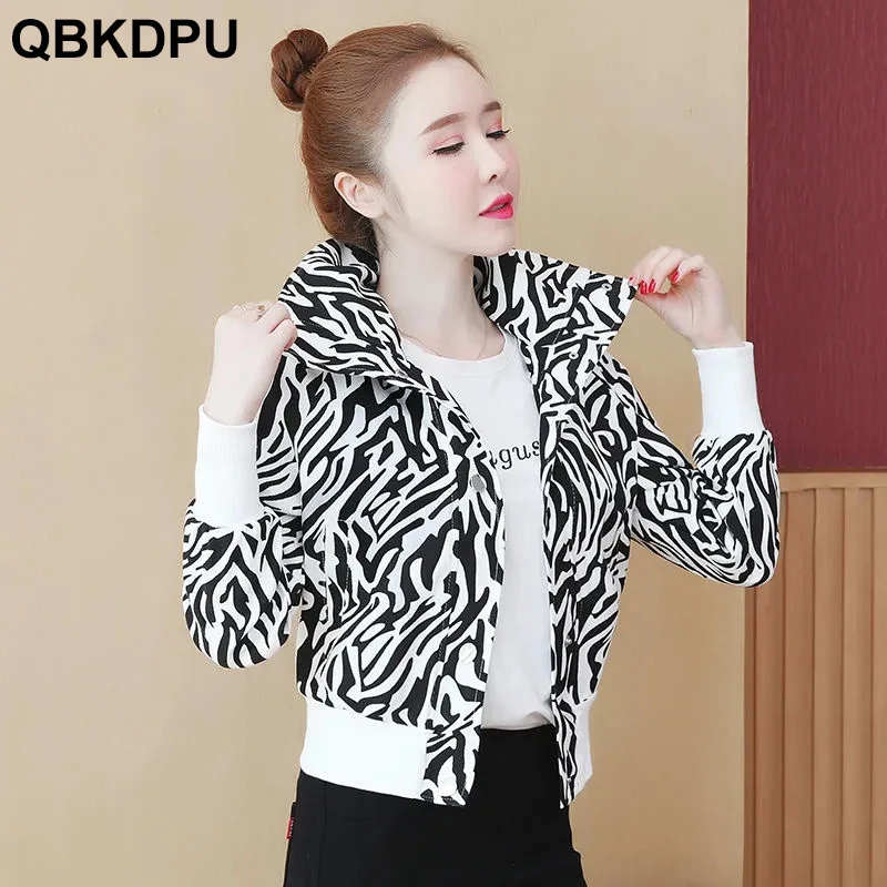 

Zebra Leopard Printted Cropped Slim Jackets Women's New Spring Turn Down Collar Coats Classic Streetwear Outwear For Female