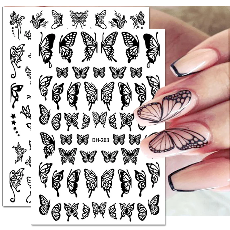 

Hollow Black Butterfly Pattern 3D Nail Stickers Flowers Leaves Designs Nail Decals Self-Adhesive Manicure DIY Nail Decoration