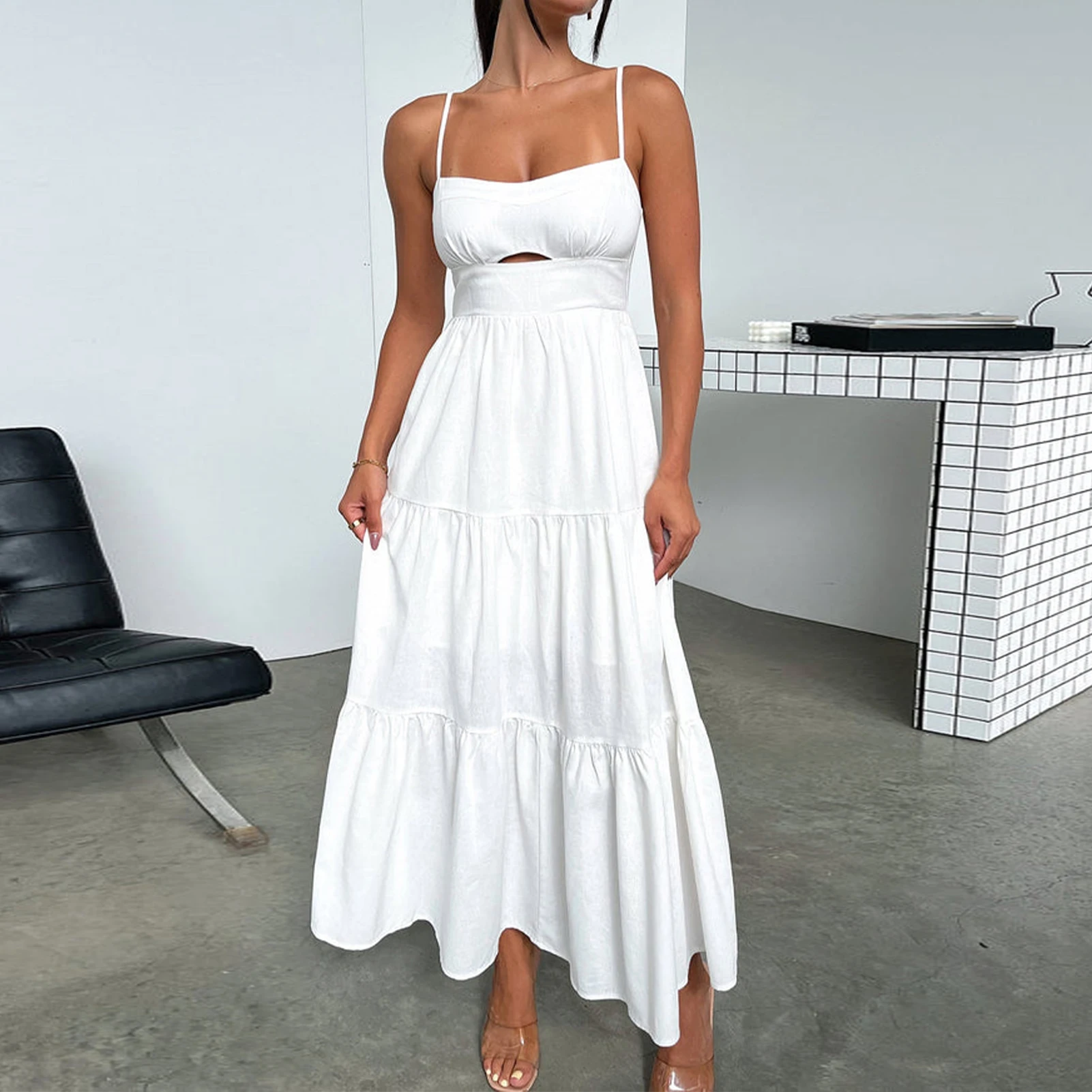 

2023 Summer Fashion Womens Dresses Solid Elegant Slip Ruffled Hem Sleeveless Maxi Dress Daily Outings Weekends Female Dress