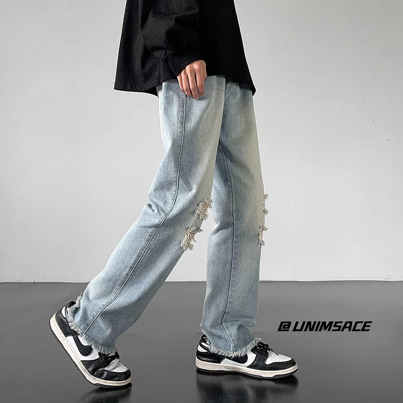 White Blue Black Ripped Jeans Men Fashion Casual Straight Jeans Men Streetwear Hip-hop Loose Hole Denim Pants Mens Trousers