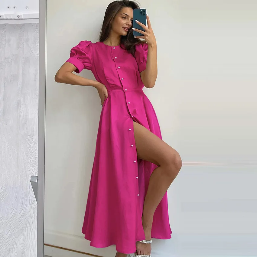 

2023 New A-Line Office Women Maxi Dress Lantern Sleeve Split Midi Dresses Elegant Ruched Summer Fit Flare Long Dresses Fashion