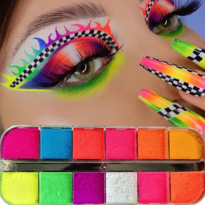 

Sdotter 12 Color/box Neon Phosphor Pigment Powder Nail Art Fluorescent Glitter Eyeshadow Palette Luminous Decoration Nail Pigmen