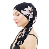 women pre tied printing turban stretch headwrap muslim long tail hijab wig hat headscarf hair care chemo cap hair accessories