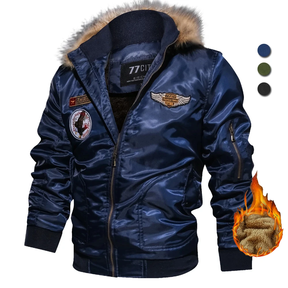 Brand Bomber Jacket Men Thick Fleece Pilot Jackets Winter Hooded Parkas Army Military Motorcycle Coats Cargo Outerwear EUR Size