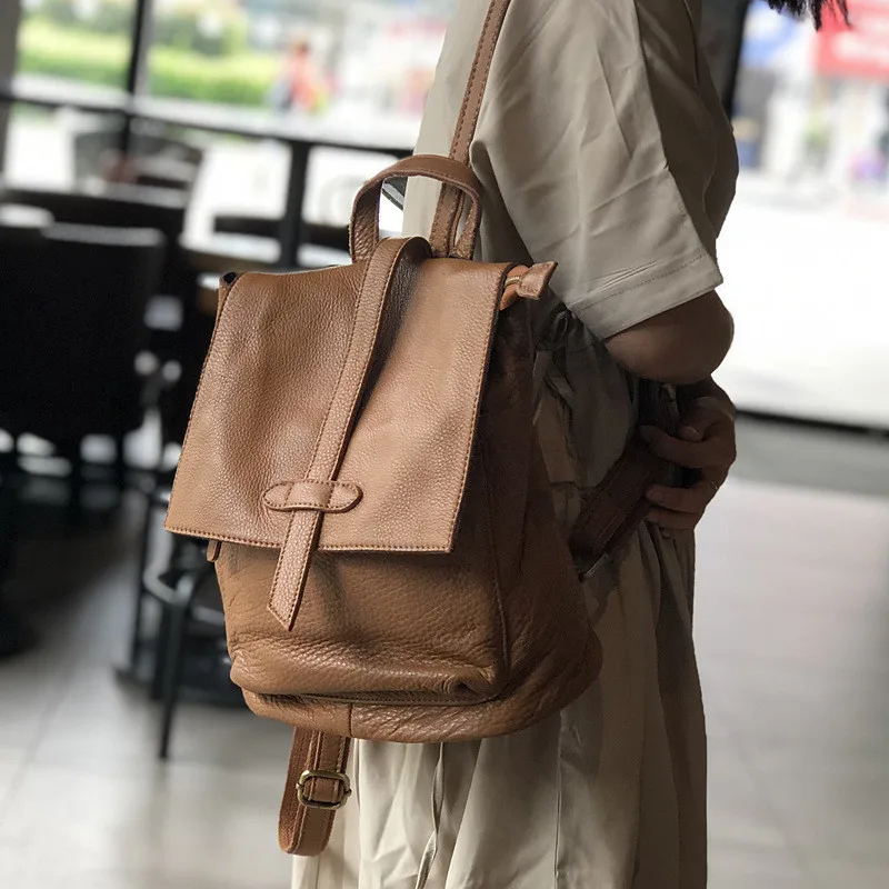 Natural real cowhide women's backpack vintage genuine leather simple small bagpack travel soft mini cute bookbags for girls