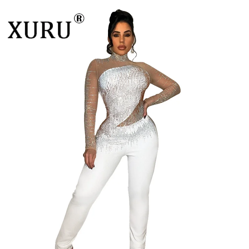XURU-new Mesh Hot Diamond Women's One-piece Trousers, Sexy Party Nightclub Solid Color Long-sleeved One-piece Trousers