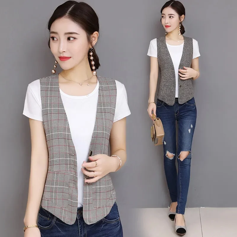 

2023 Spring Summer V-Neck Plaid Vest Women Waistcoat Single-Breasted Sleeveless Blazers Female Slim Short Vest Femme Tank Tops