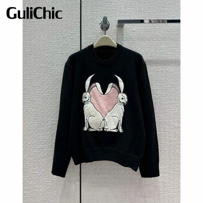 

12,12 GuliChic Женская мода с блестками вышивка любовь круглый вырез толстый мохеровый шерстяной вязаный пуловер свитер