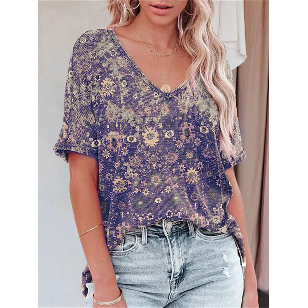 

Women Fashion Vintage Print t Shirt Tops Ladies Loose V-neck Short Sleeve Casual Tee Top 2022 Summer New Streetwear Pullover